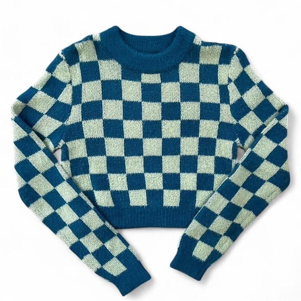 Blue and Green Checkered Sweater Women's Size Medium